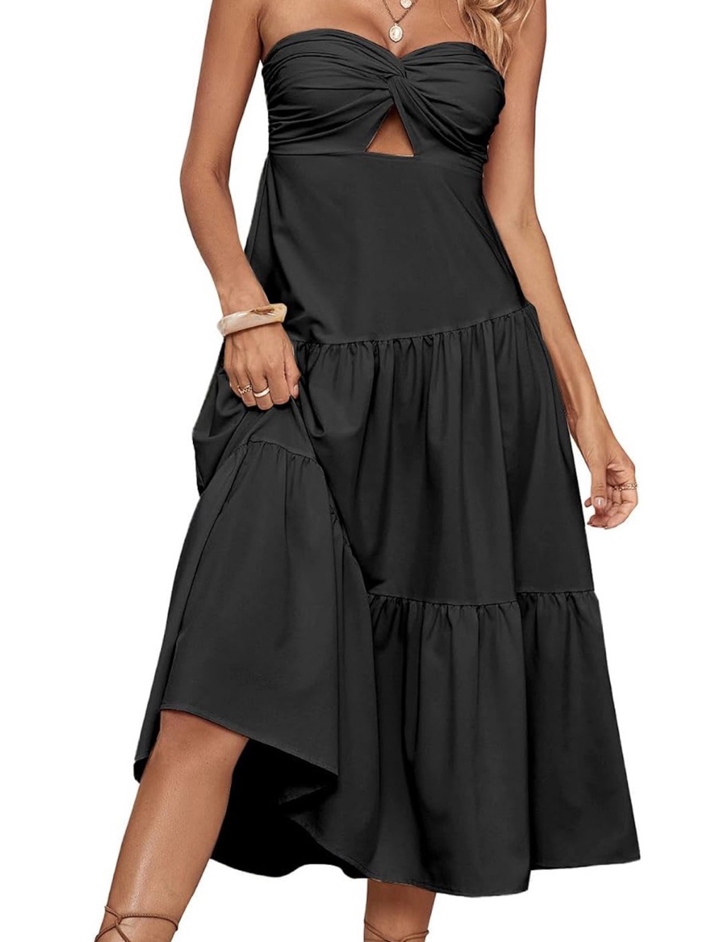 OPOIPIN Black Strapless Twist Front Cut Out Midi Dress XL